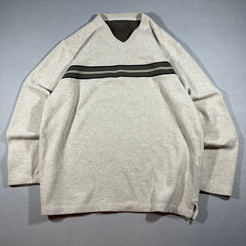 Cherokee Grey Stripe Sweater Men's L Preppy Tight Knit Crew Neck Streetwear